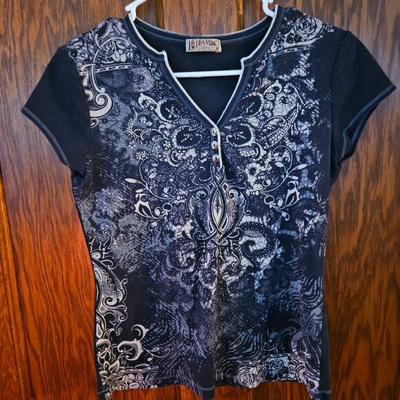 Y2K Edgy Navy Blue Design Top Sz M - Picture 1 of 7